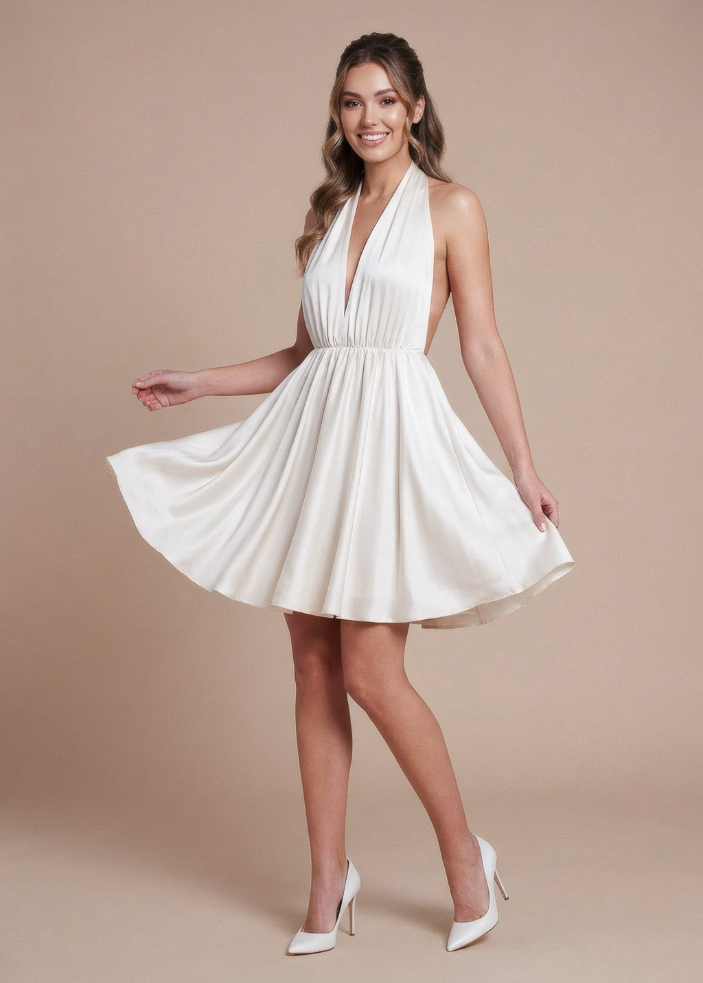 Ivory Silk Halter Mini Wedding Open Back Dress
