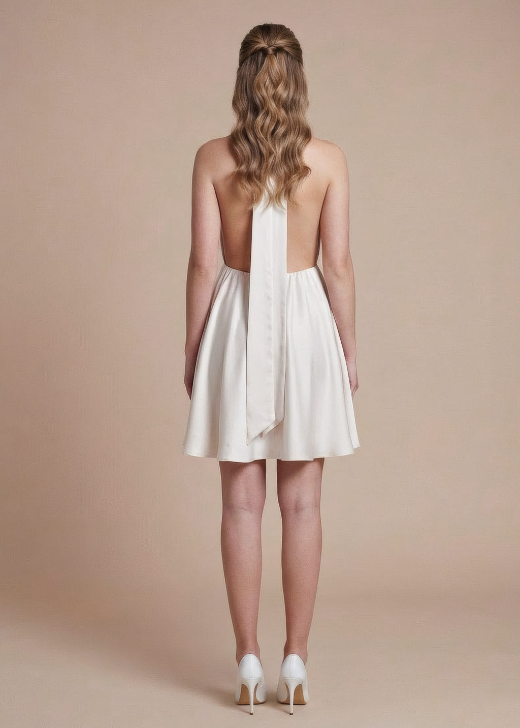 Ivory Silk Halter Mini Wedding Open Back Dress