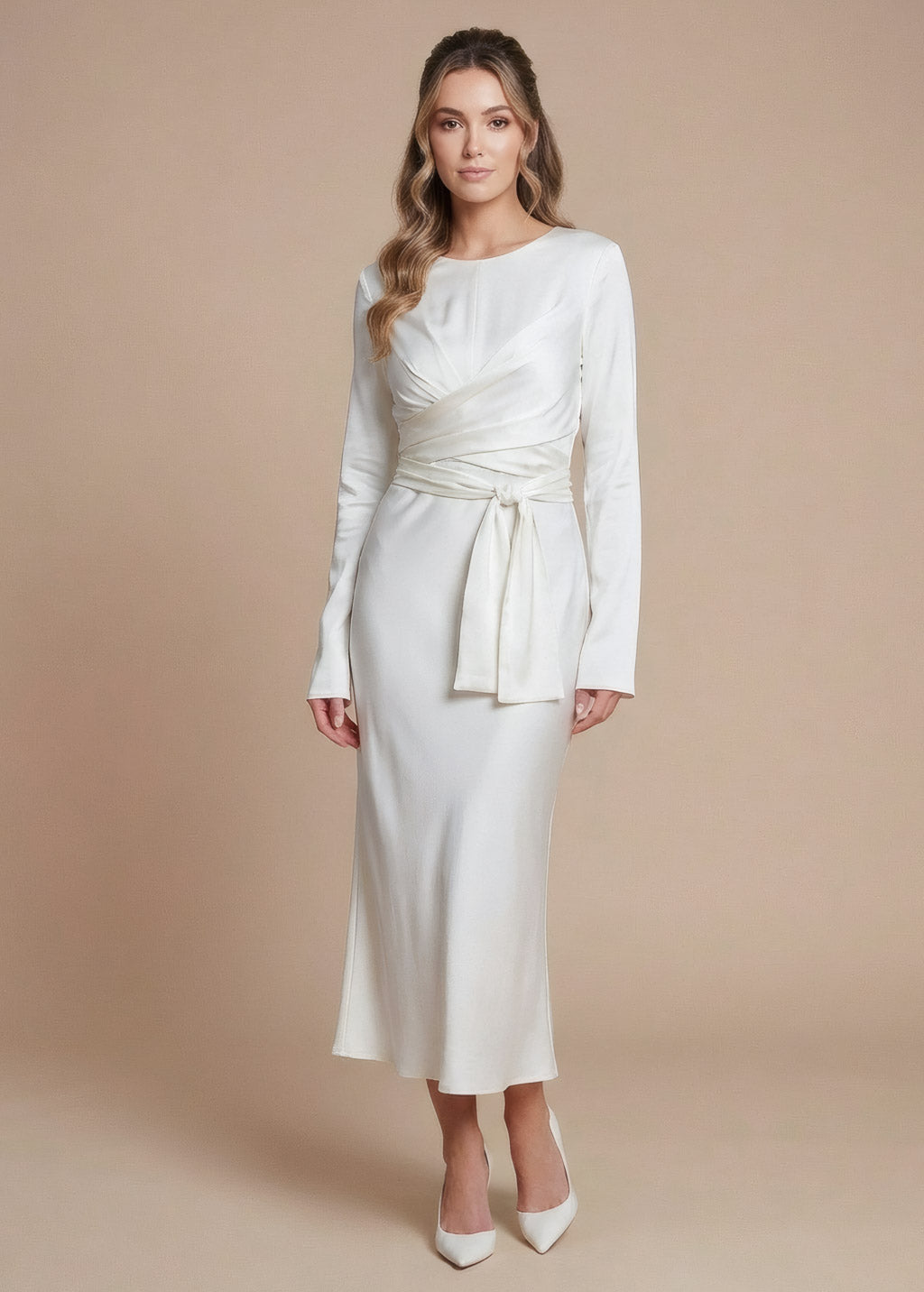 Ivory Silk Wedding Midi Dress with Long-Sleeve and Versatile Belt