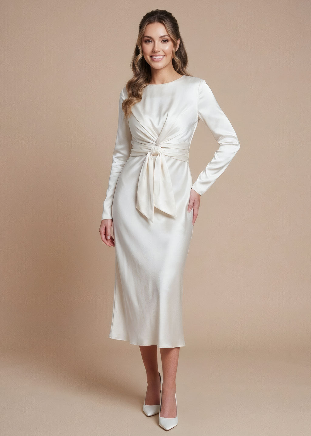 Ivory Silk Wedding Midi Dress with Long-Sleeve and Versatile Belt