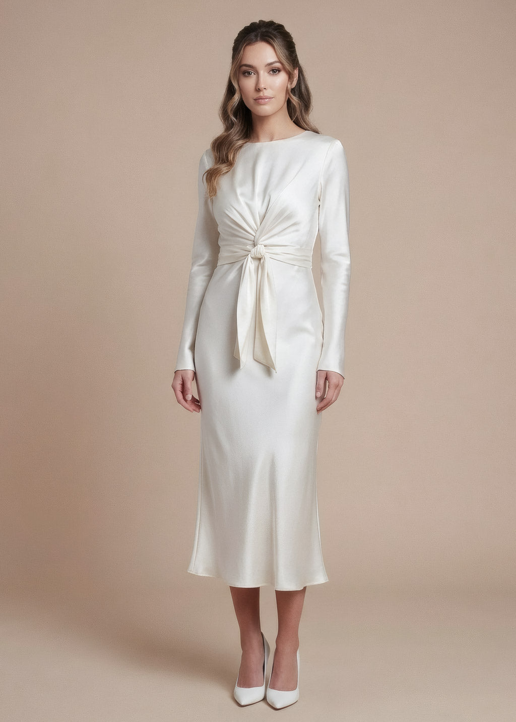 Ivory Silk Wedding Midi Dress with Long-Sleeve and Versatile Belt