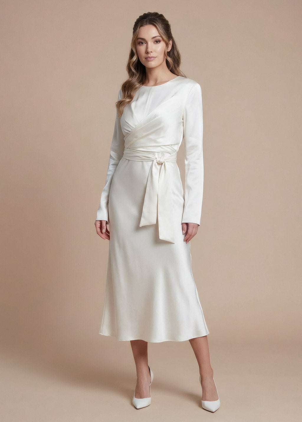 Ivory Silk Wedding Midi Dress with Long-Sleeve and Versatile Belt