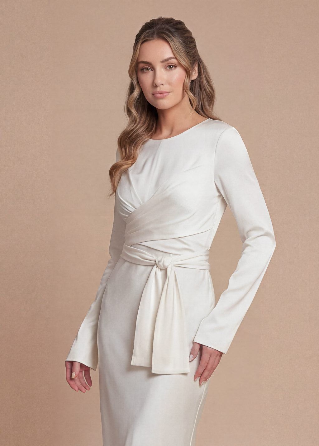 Ivory Silk Wedding Midi Dress with Long-Sleeve and Versatile Belt