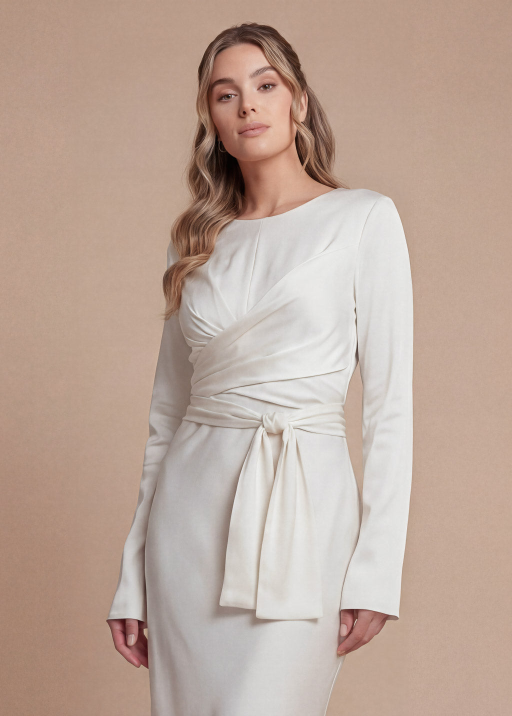 Ivory Silk Wedding Midi Dress with Long-Sleeve and Versatile Belt