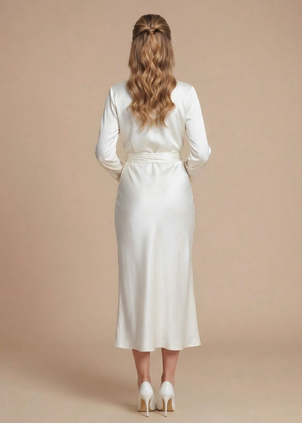 Ivory Silk Wedding Midi Dress with Long-Sleeve and Versatile Belt