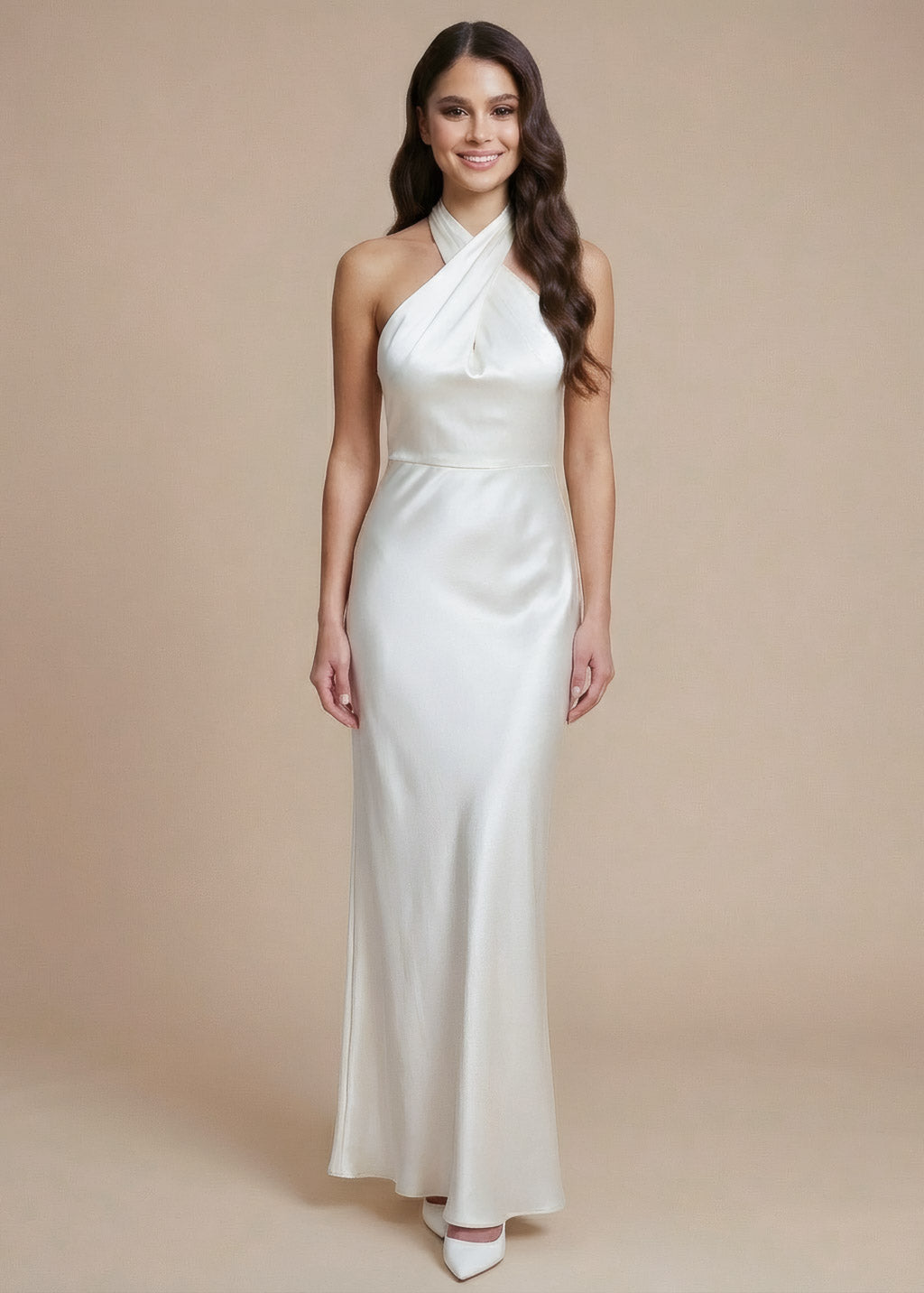 Ivory Silk Halter Wedding Long Dress