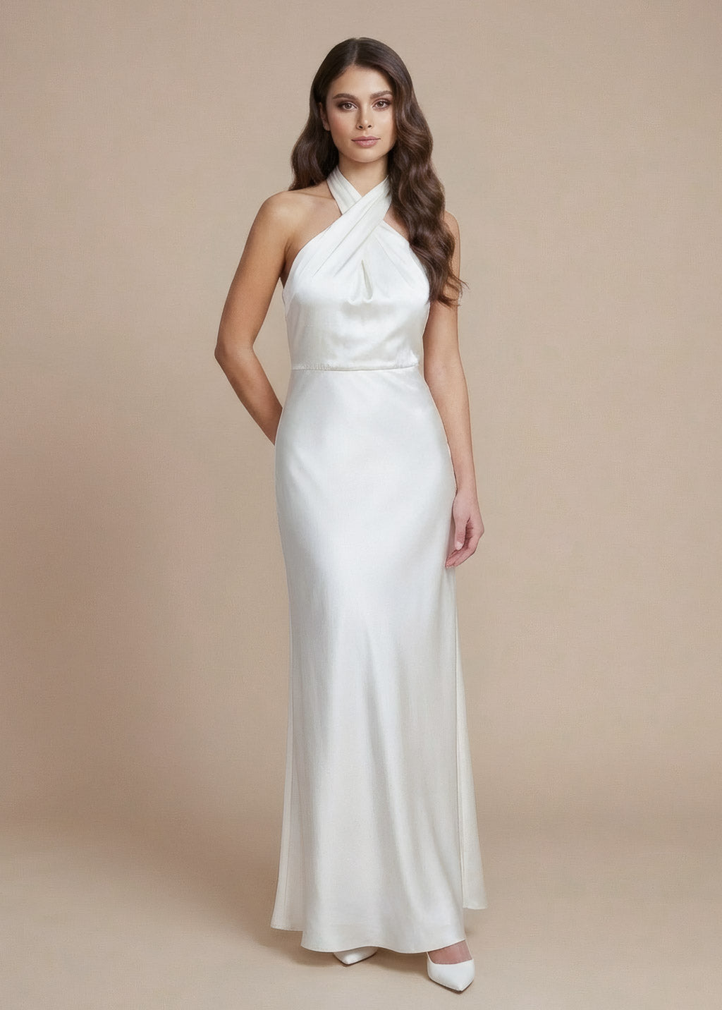 Ivory Silk Halter Wedding Long Dress