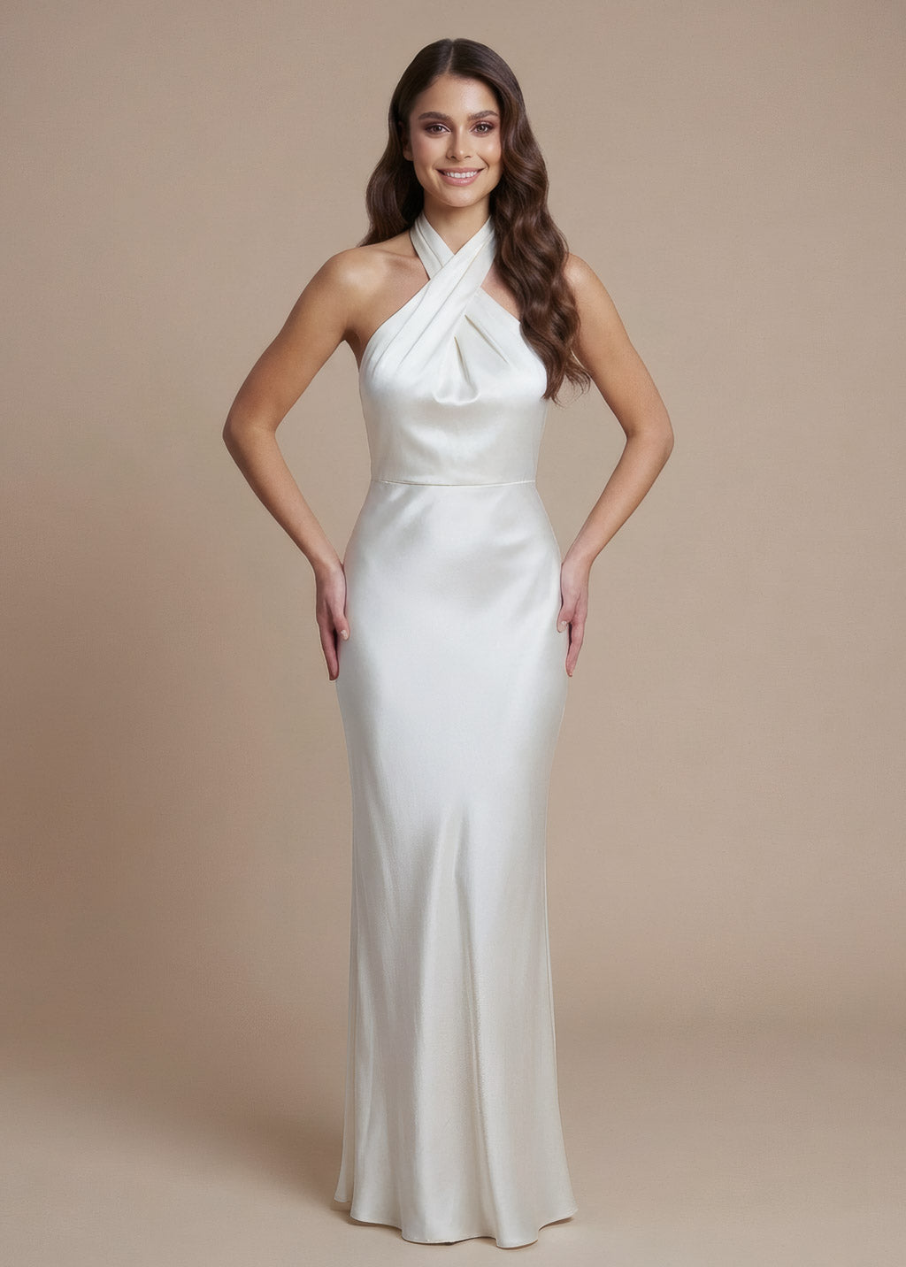 Ivory Silk Halter Wedding Long Dress