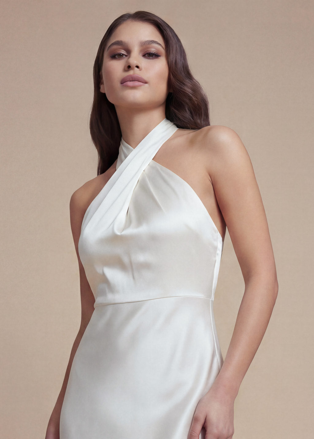 Ivory Silk Halter Wedding Long Dress