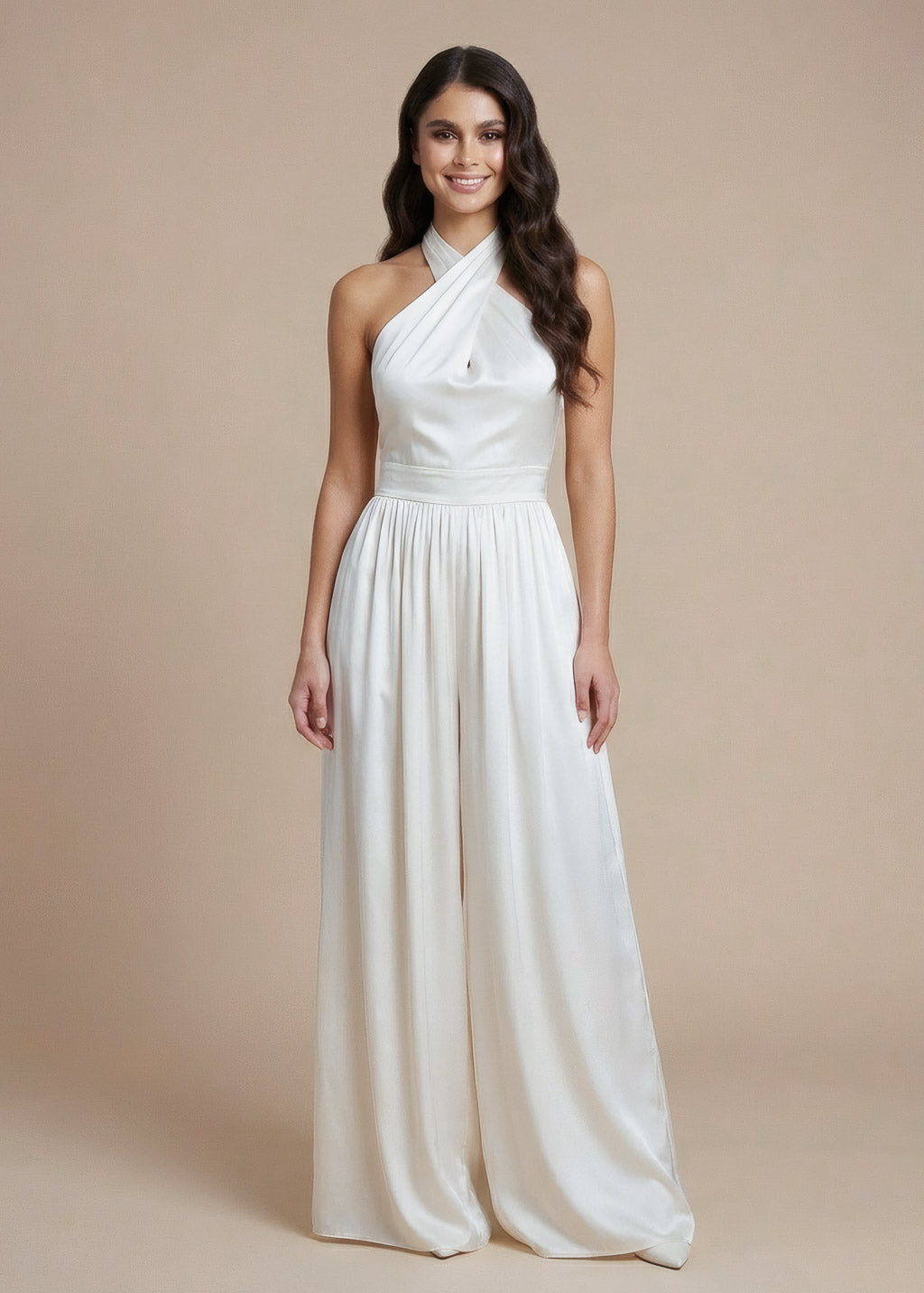 Ivory Silk Wedding Halter Jumpsuit with Pockets