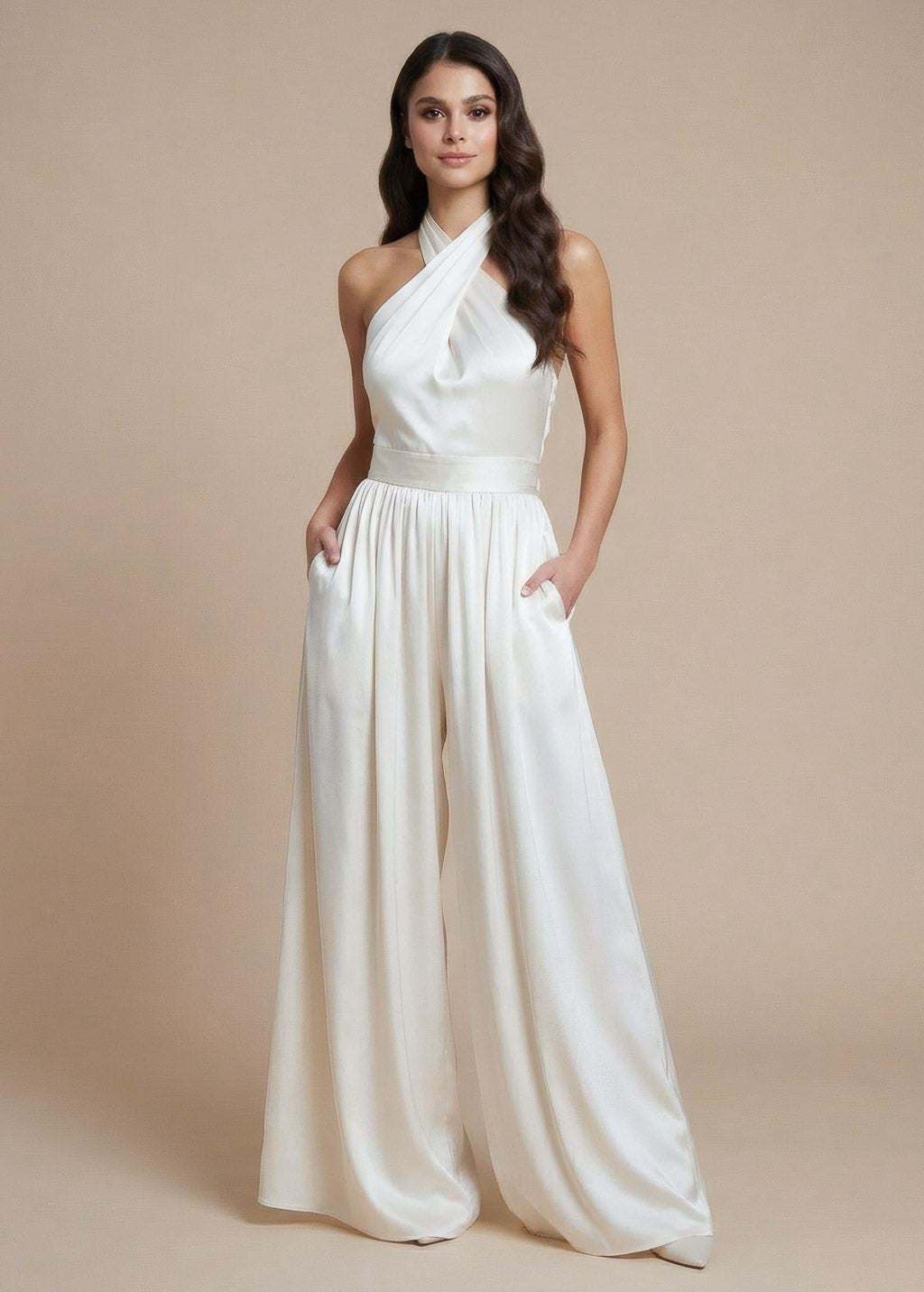 Ivory Silk Wedding Halter Jumpsuit with Pockets