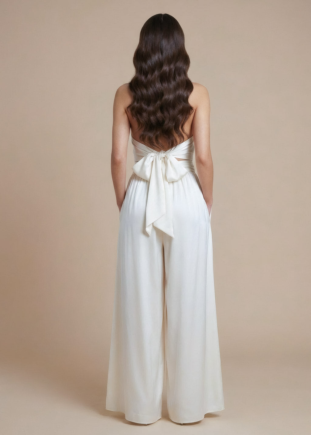 Ivory Silk Wedding Halter Jumpsuit with Pockets