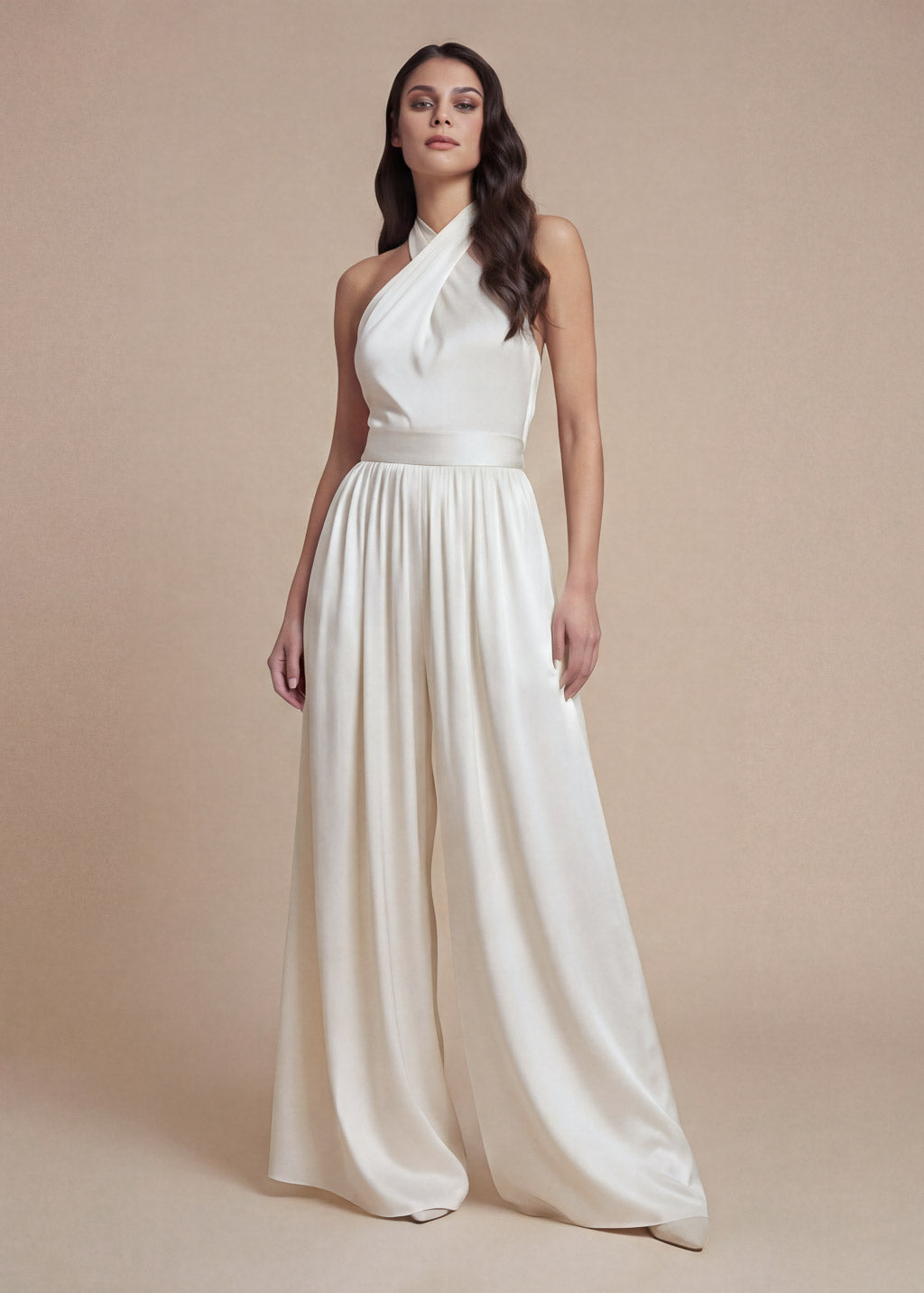 Ivory Silk Wedding Halter Jumpsuit with Pockets