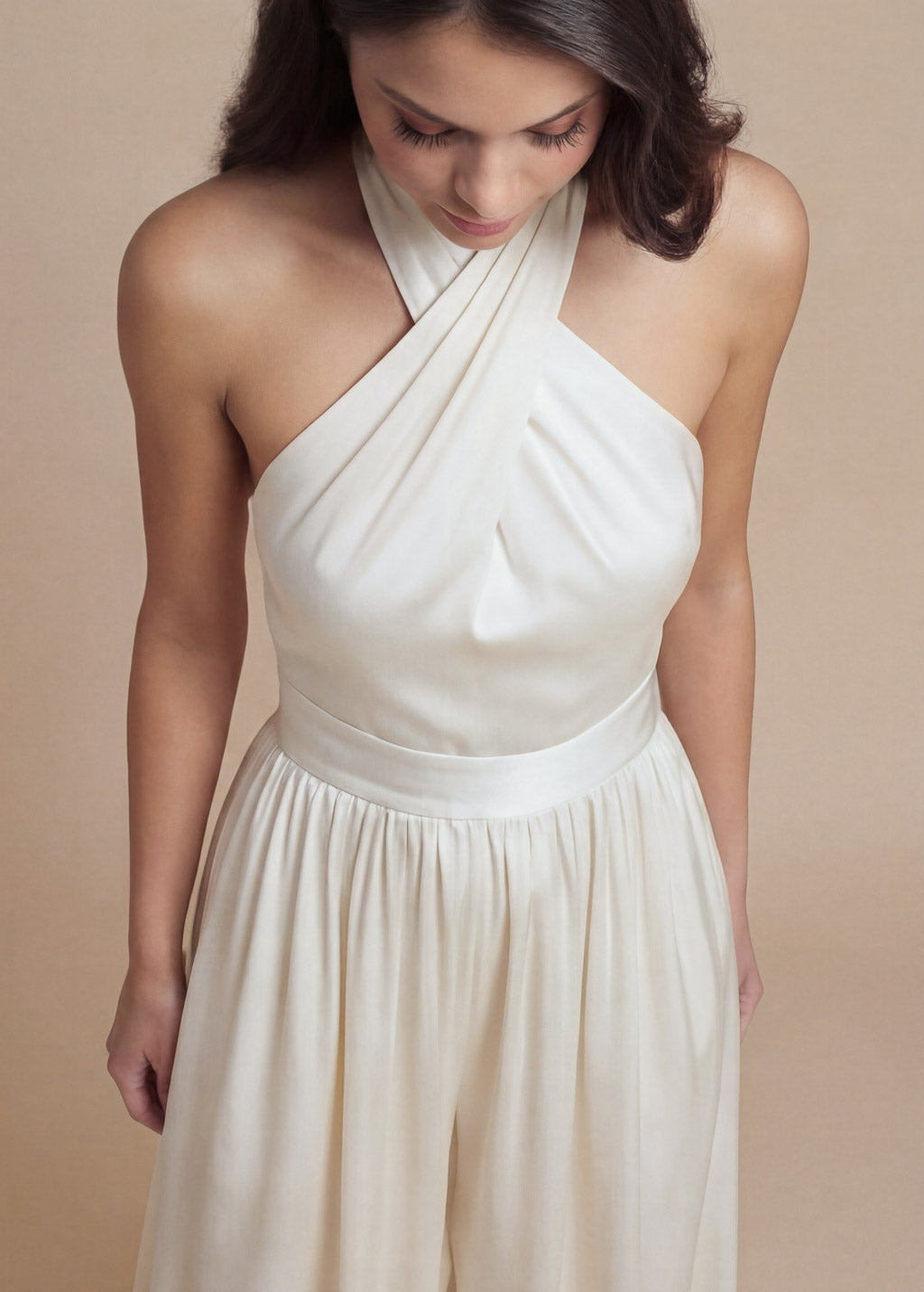 Ivory Silk Wedding Halter Jumpsuit with Pockets