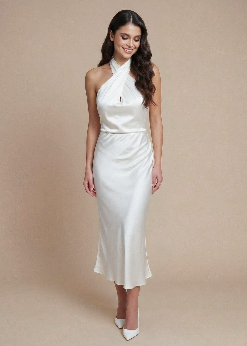 Ivory Silk Halter Midi Wedding Dress