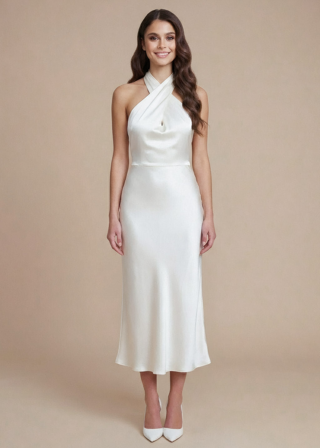Ivory Silk Halter Midi Wedding Dress