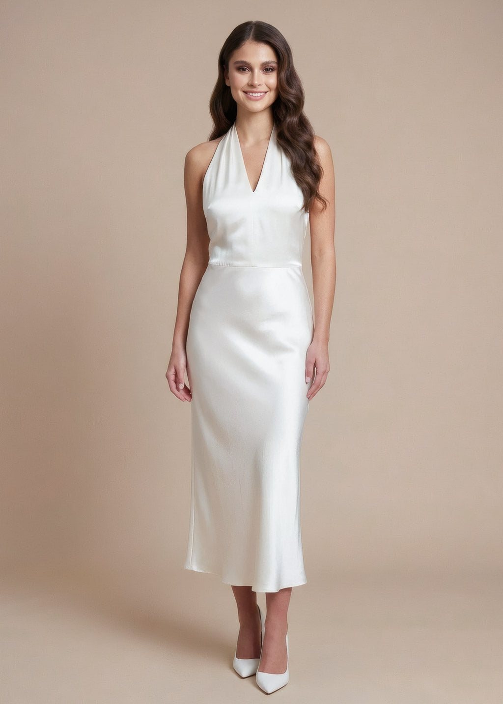 Ivory Silk Halter Midi Wedding Dress