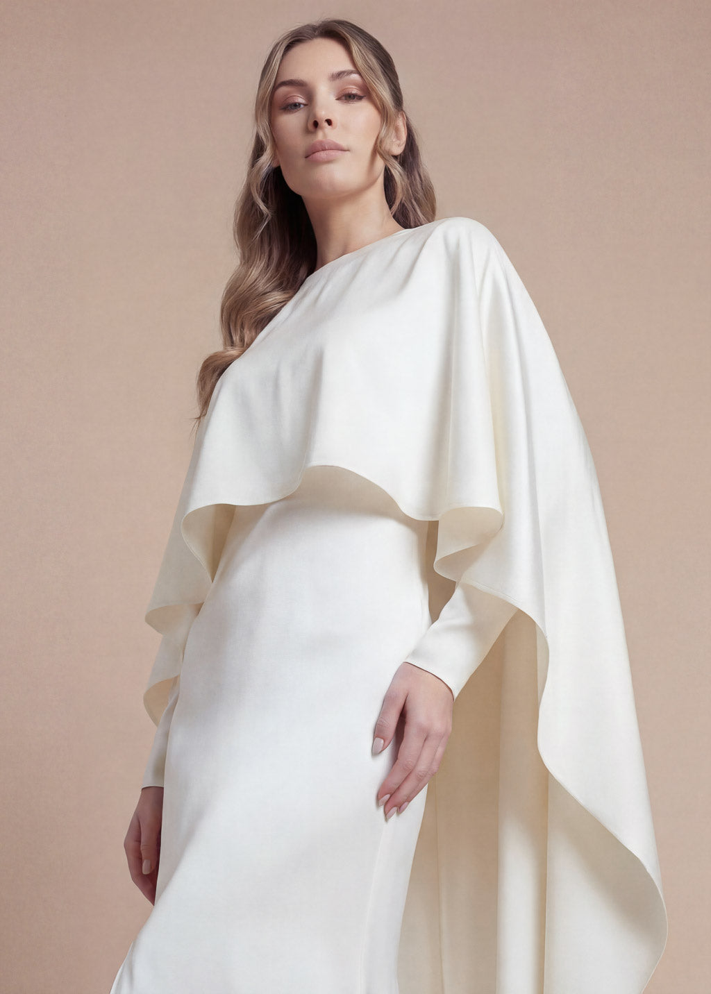 Ivory Silk Wedding Long Sleeves Dress with Cape