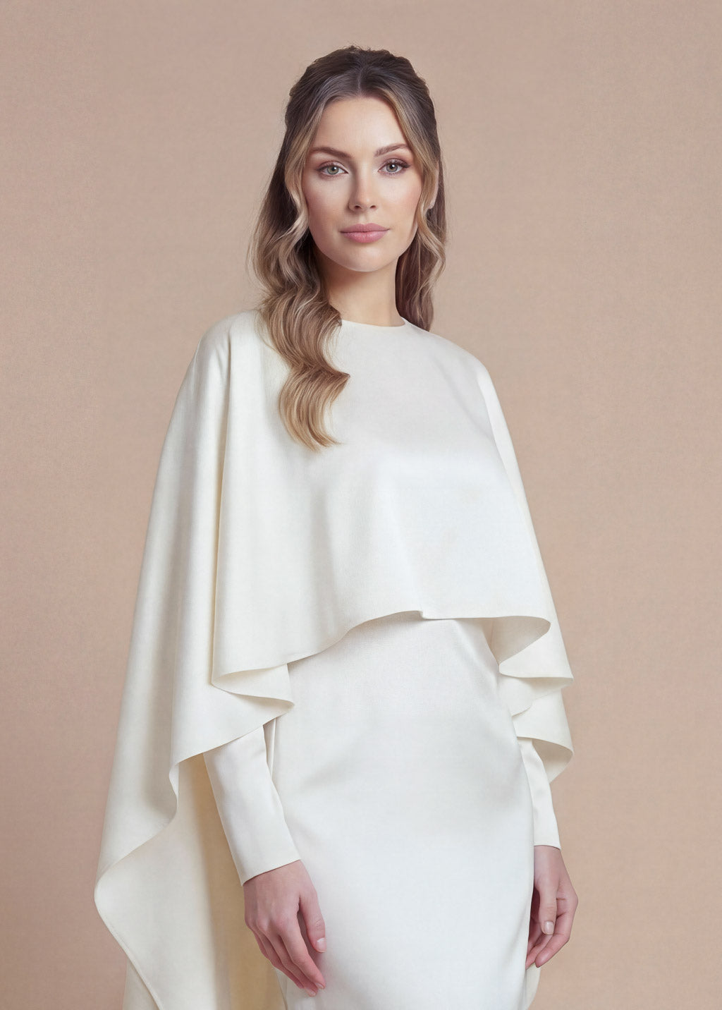 Ivory Silk Wedding Long Sleeves Dress with Cape