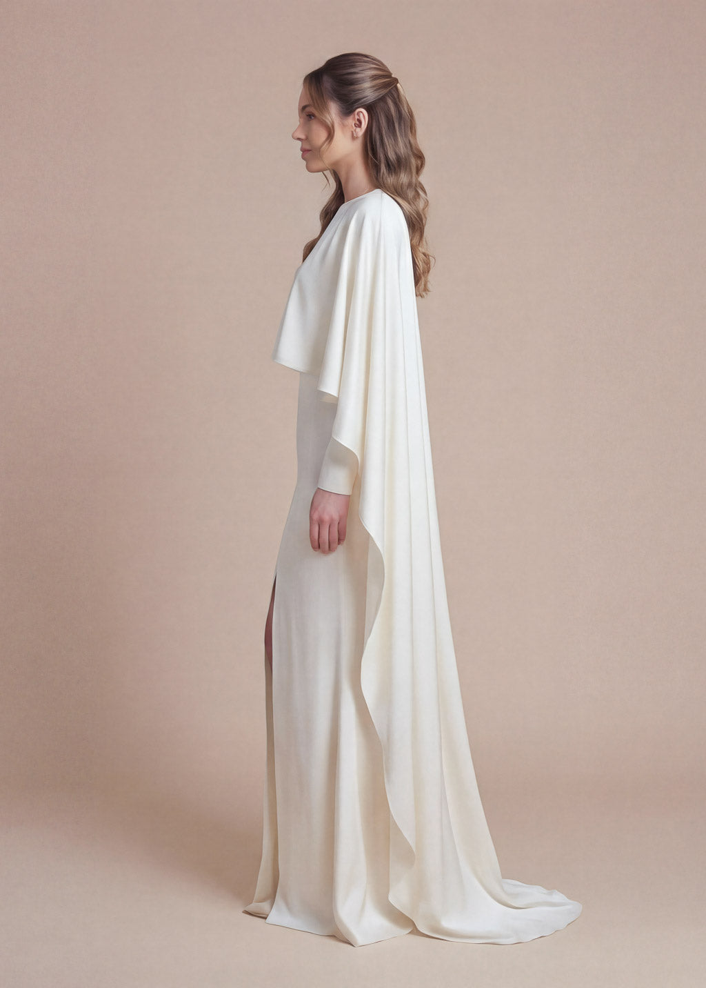 Ivory Silk Wedding Long Sleeves Dress with Cape