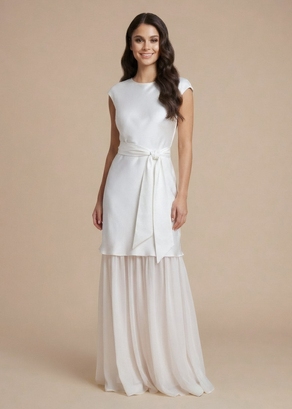 Ivory Silk & Chiffon Wedding Dress with Sash Belt