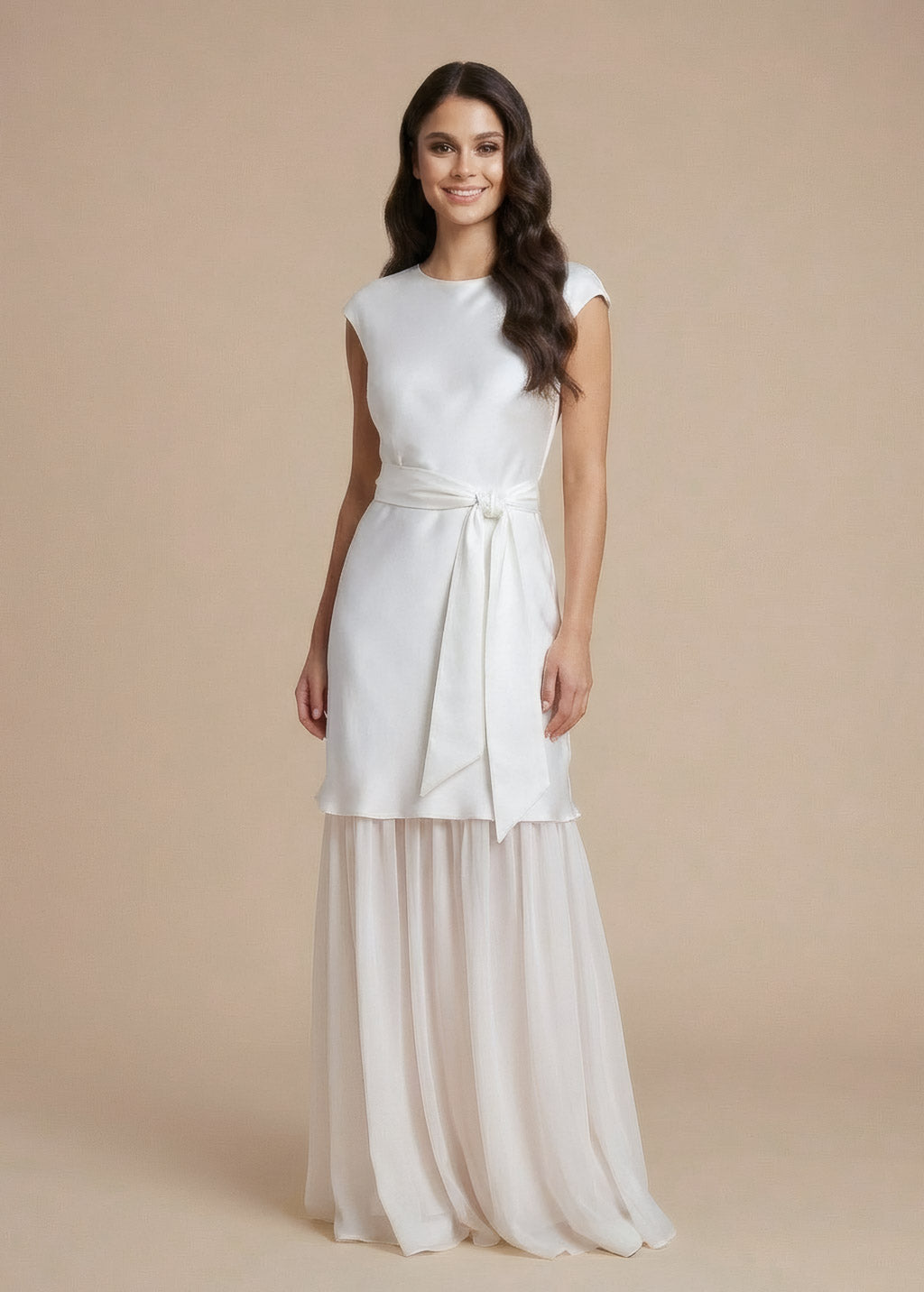 Ivory Silk & Chiffon Wedding Dress with Sash Belt