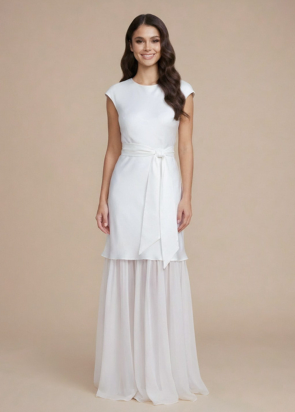Ivory Silk & Chiffon Wedding Dress with Sash Belt