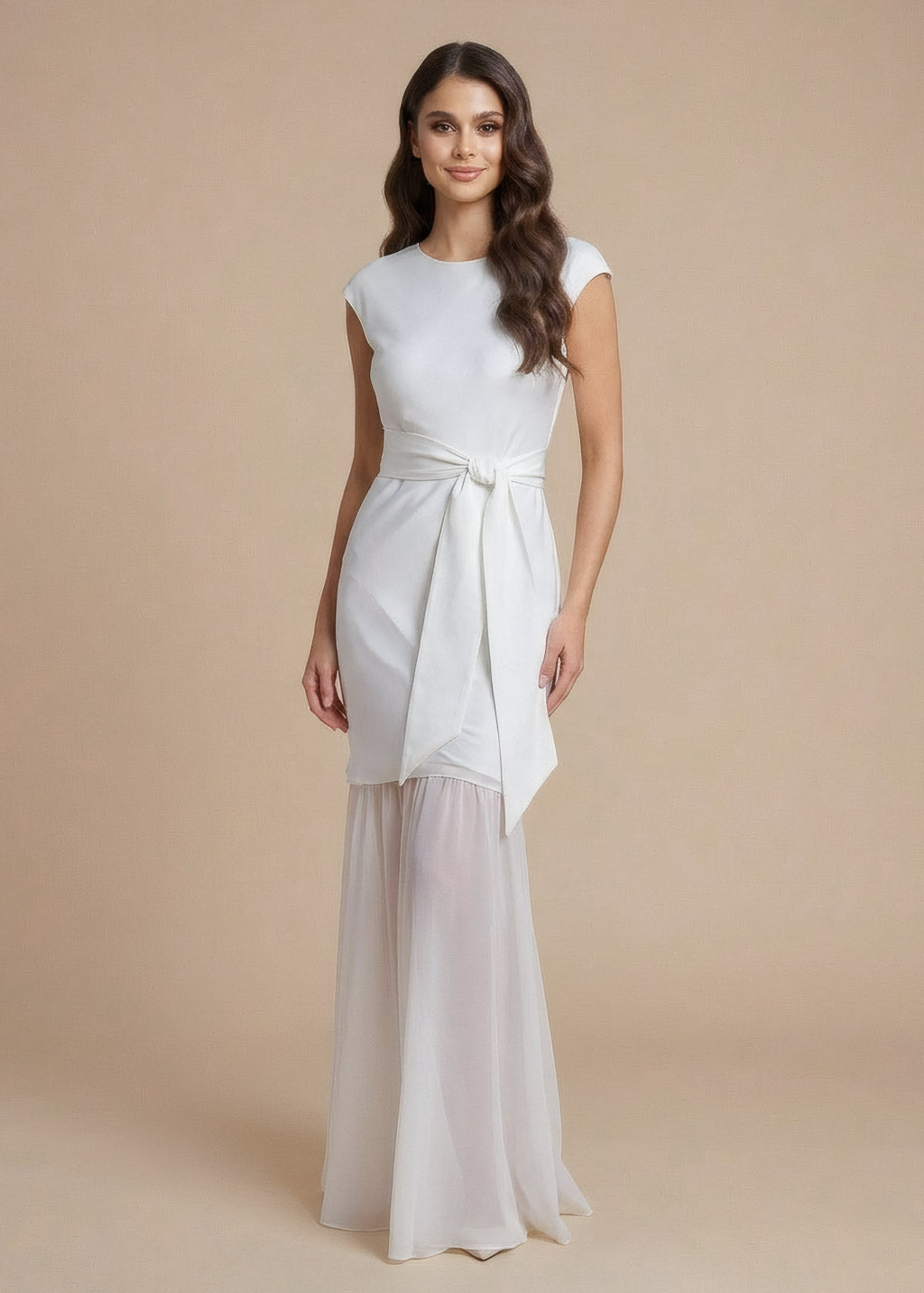 Ivory Silk & Chiffon Wedding Dress with Sash Belt