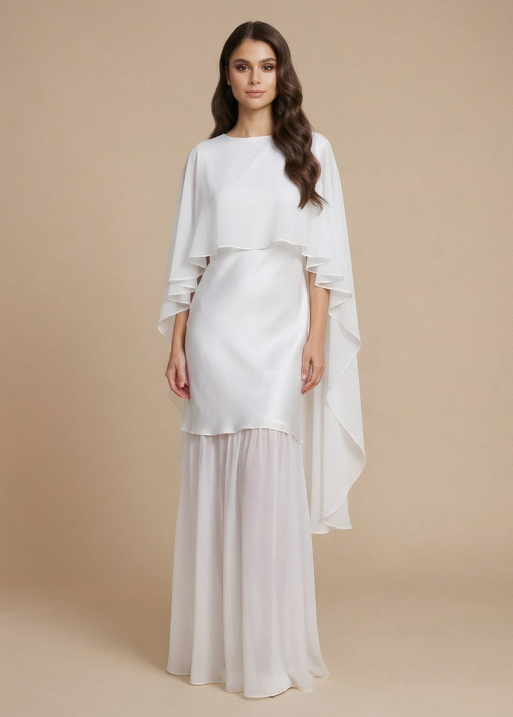 Ivory Silk Wedding Dress with Chiffon Cape