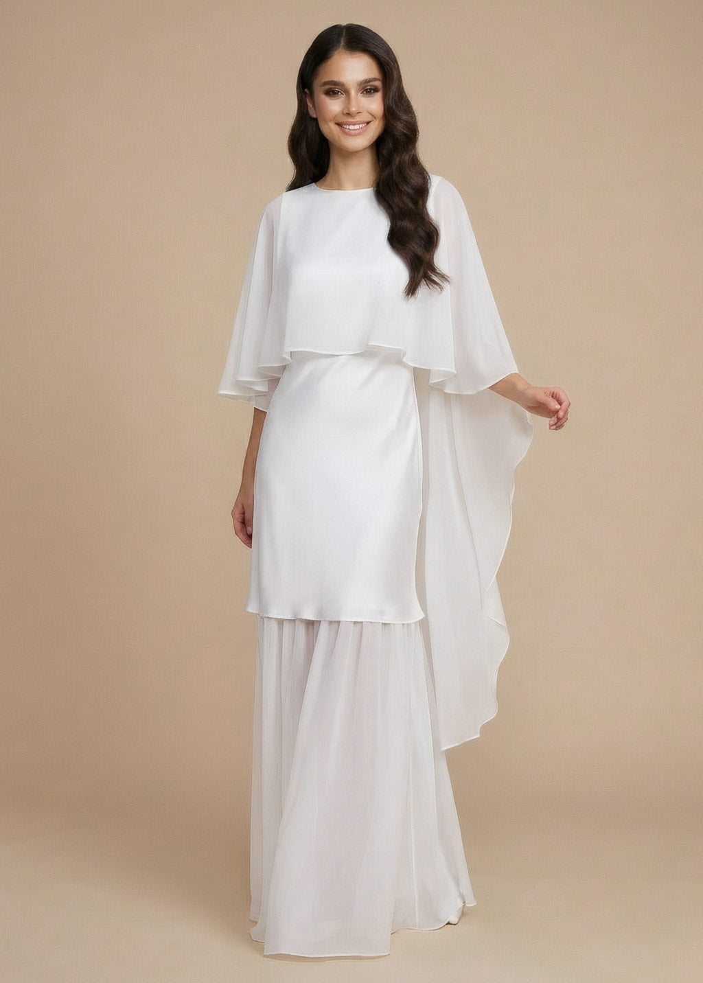 Ivory Silk Wedding Dress with Chiffon Cape
