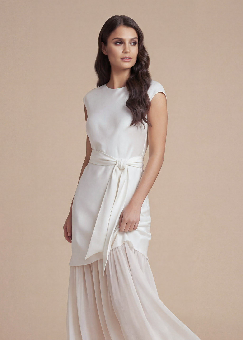 Ivory Silk & Chiffon Wedding Dress with Sash Belt