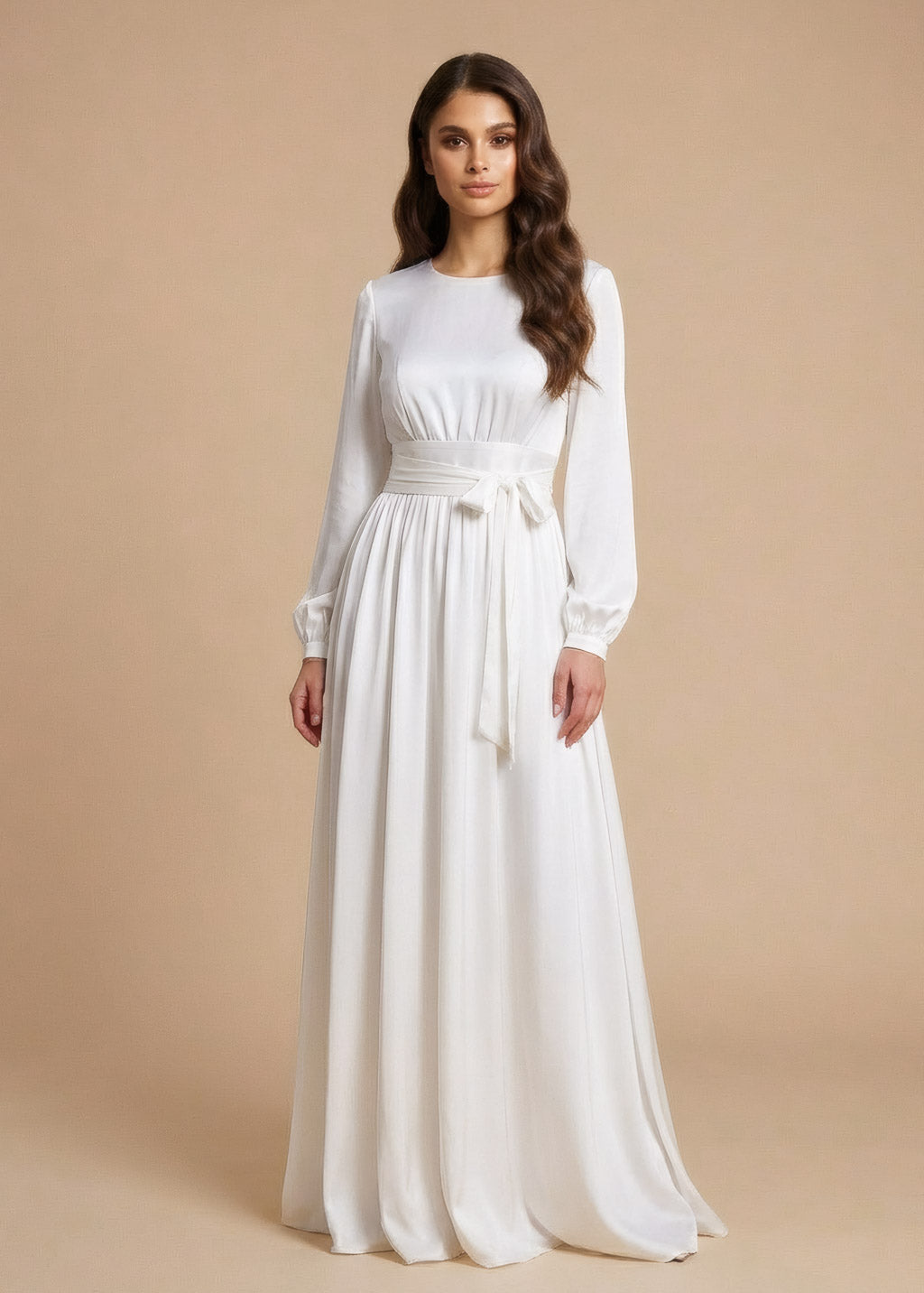 Ivory Silk Wedding Long Sleeve Dress with Belt