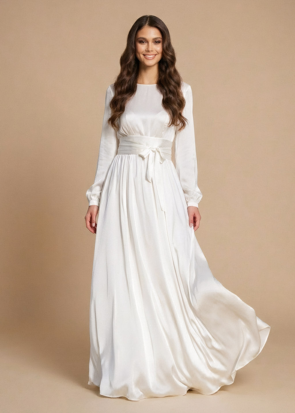 Ivory Silk Wedding Long Sleeve Dress with Belt