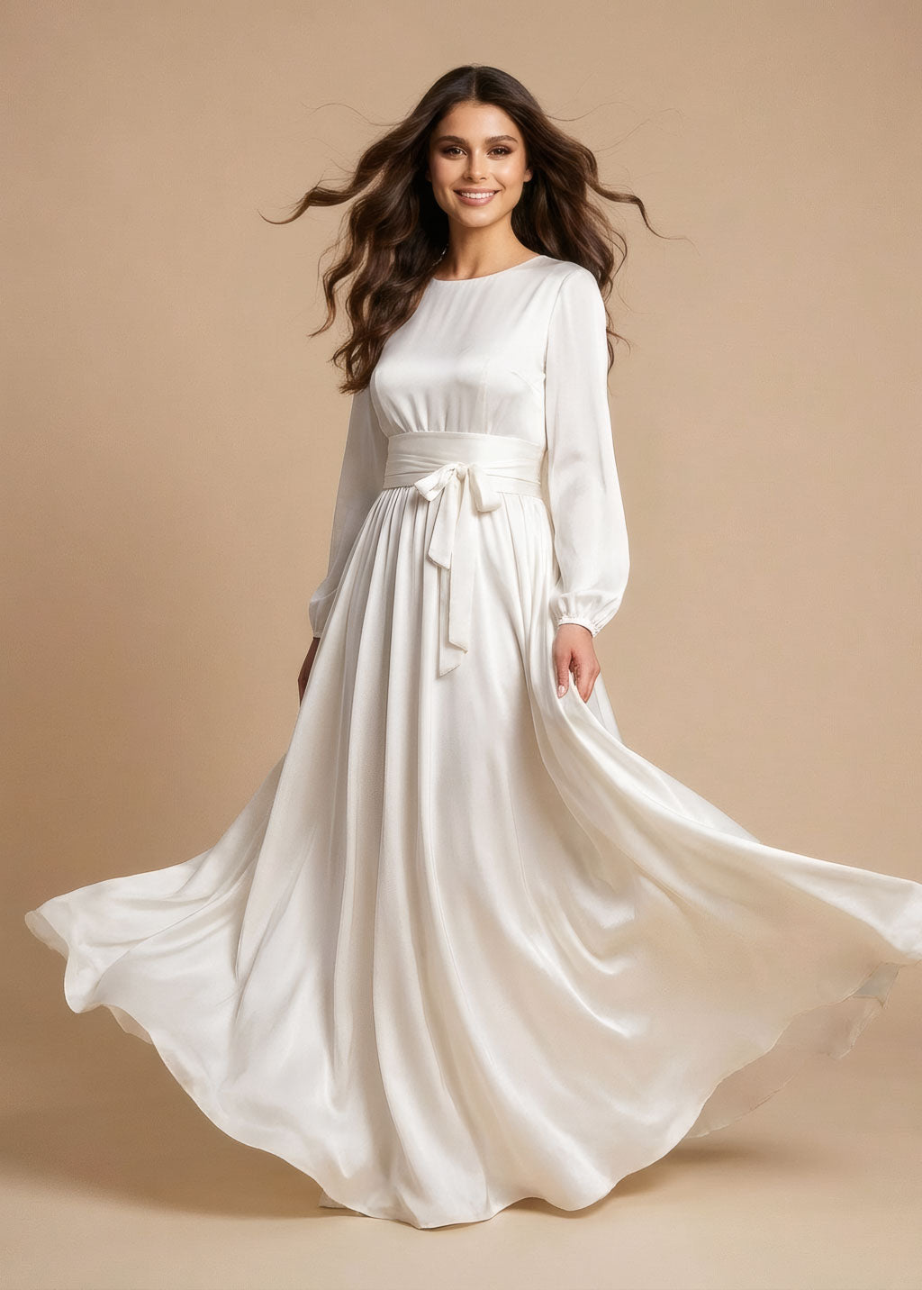 Ivory Silk Wedding Long Sleeve Dress with Belt