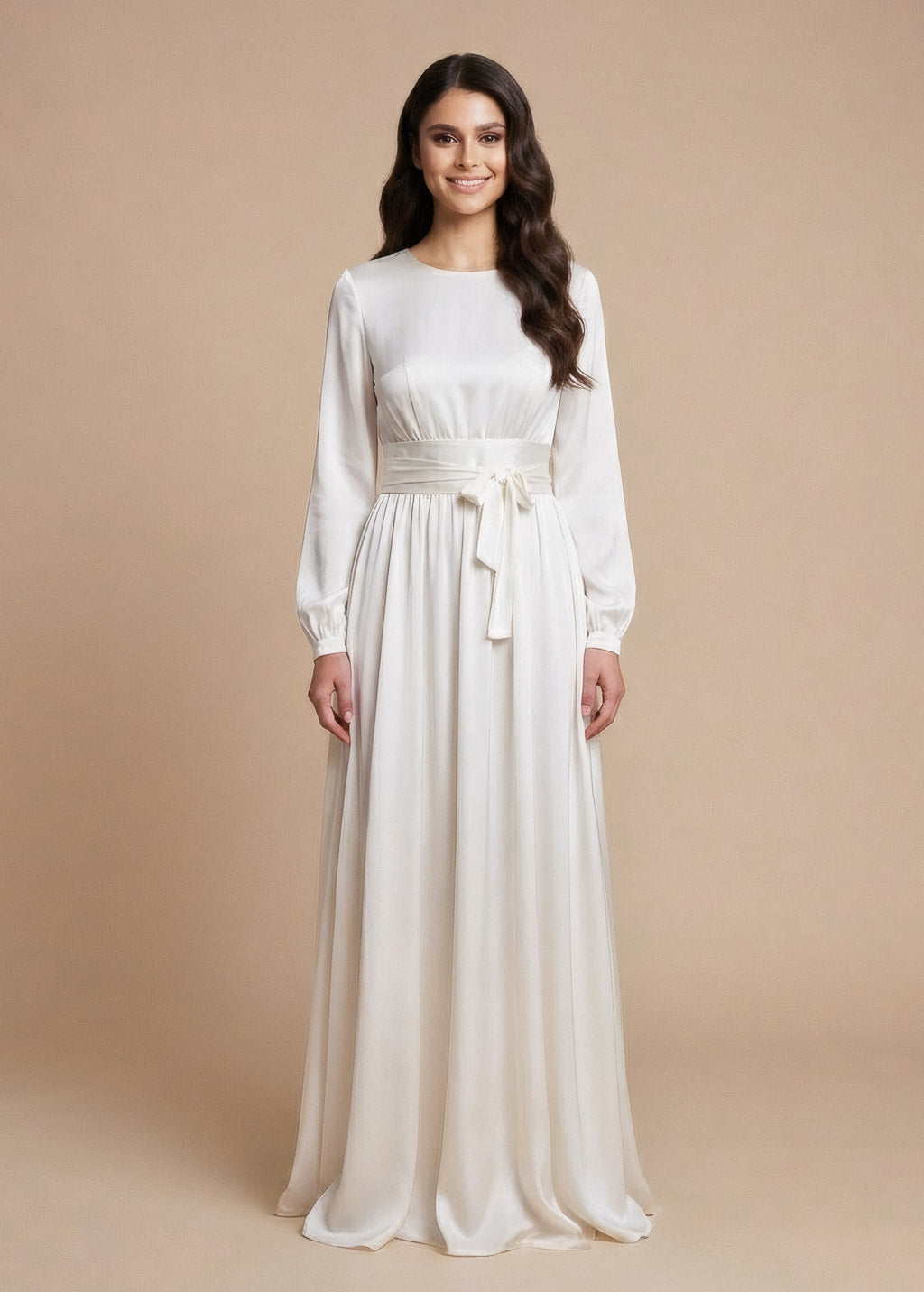 Ivory Silk Wedding Long Sleeve Dress with Belt