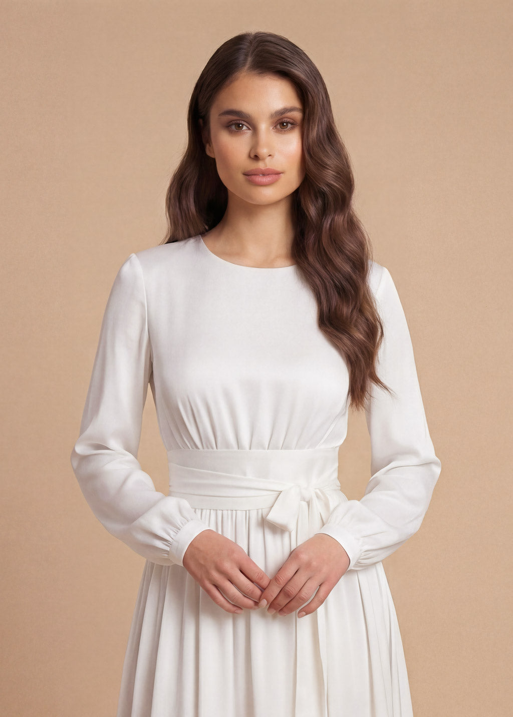 Ivory Silk Wedding Long Sleeve Dress with Belt