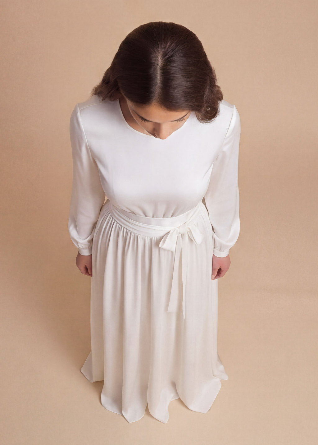 Ivory Silk Wedding Long Sleeve Dress with Belt