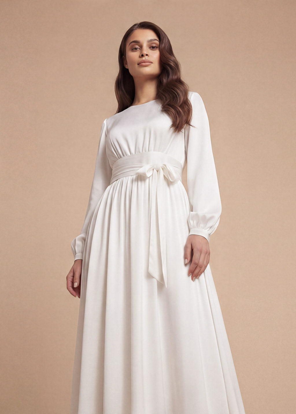 Ivory Silk Wedding Long Sleeve Dress with Belt