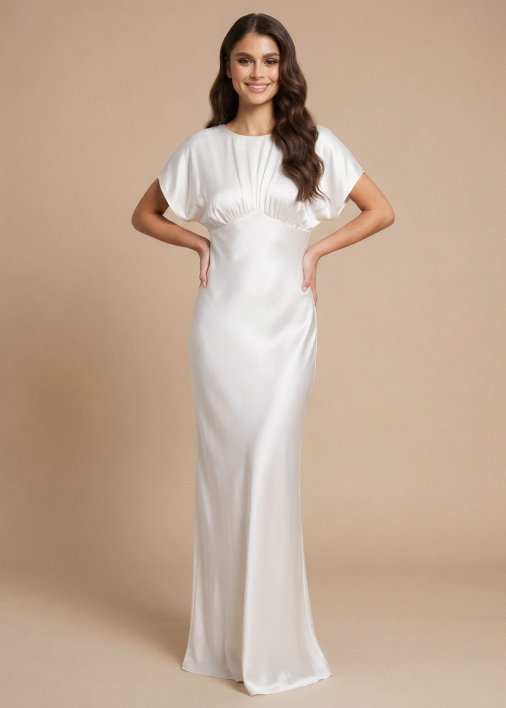 Ivory Silk Wedding Long Dress with Flutter Sleeves
