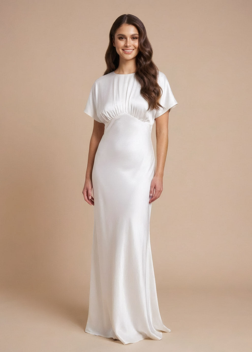 Ivory Silk Wedding Long Dress with Flutter Sleeves