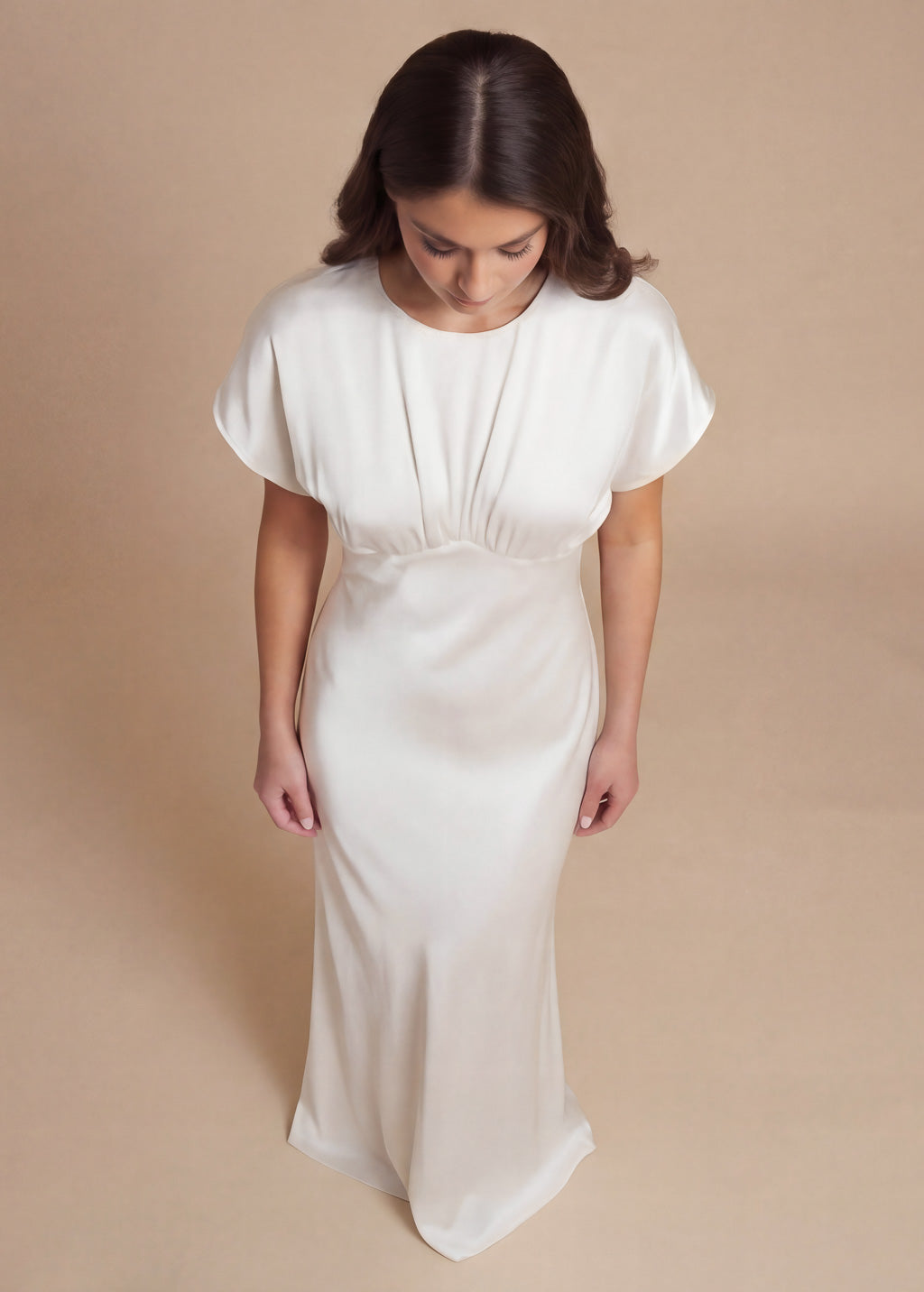 Ivory Silk Wedding Long Dress with Flutter Sleeves