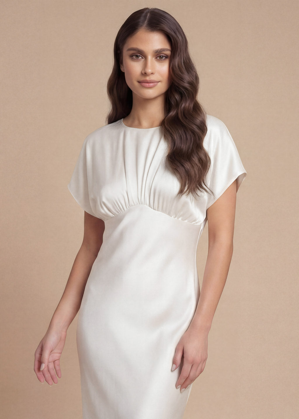 Ivory Silk Wedding Long Dress with Flutter Sleeves