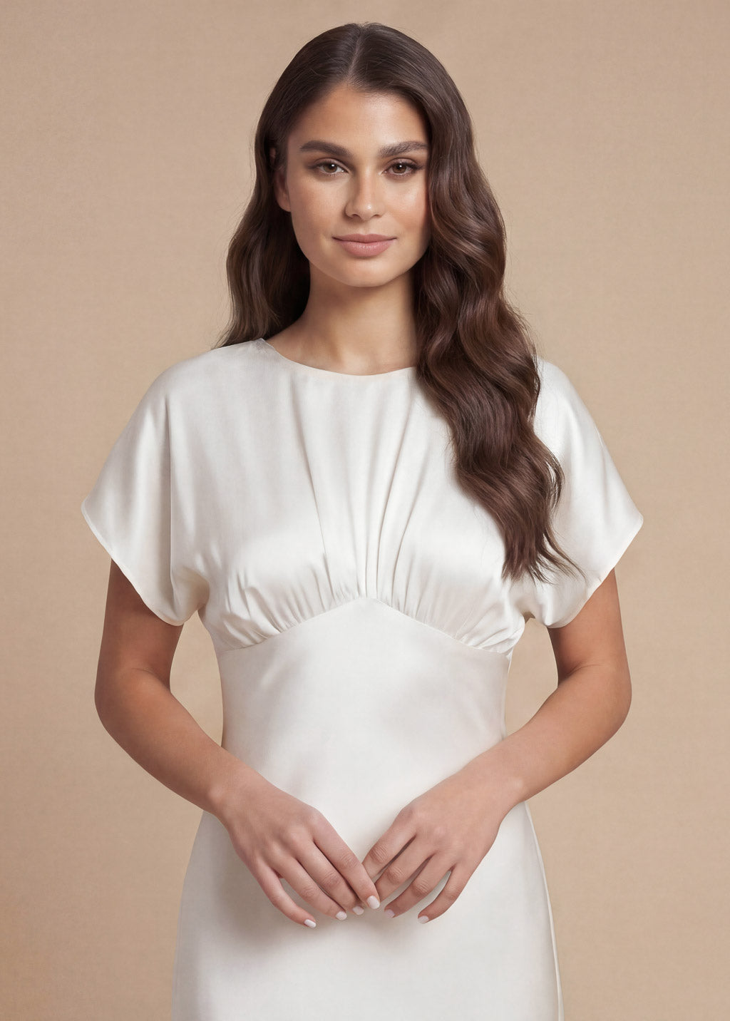 Ivory Silk Wedding Long Dress with Flutter Sleeves