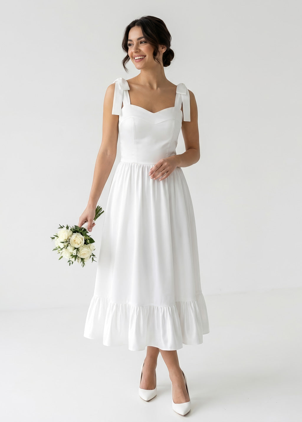 White Satin Midi Wedding Dress with Bow Straps