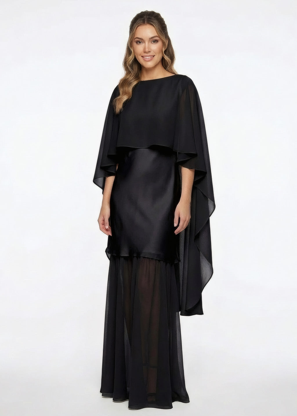 Black Silk and Chiffon Dress with Cape