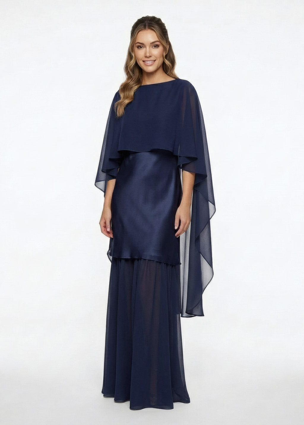 Navy Blue Silk and Chiffon Dress with Cape