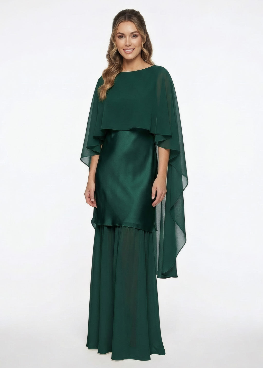 Dark Green Silk and Chiffon Dress with Cape