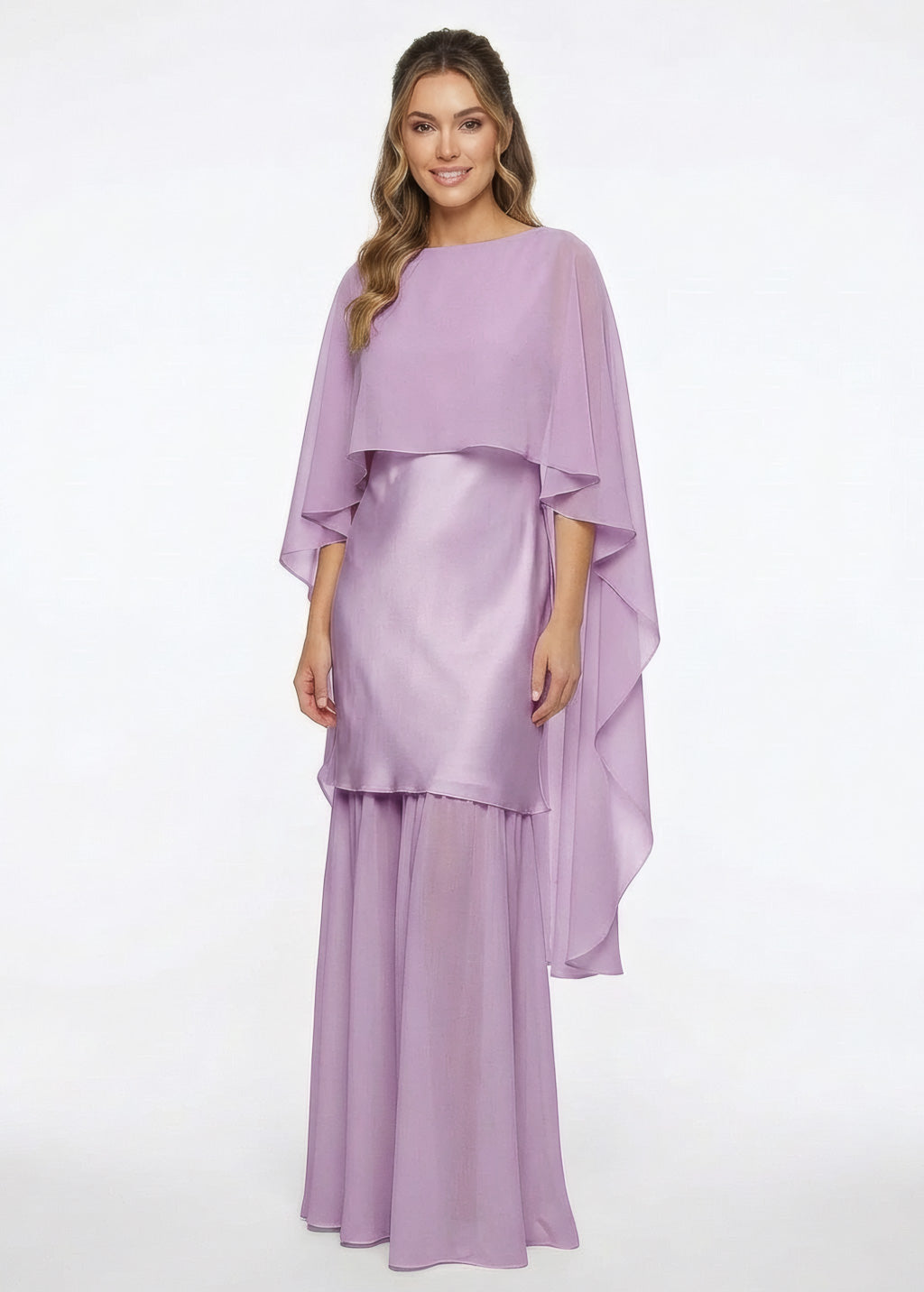 Lilac Silk and Chiffon Dress with Cape