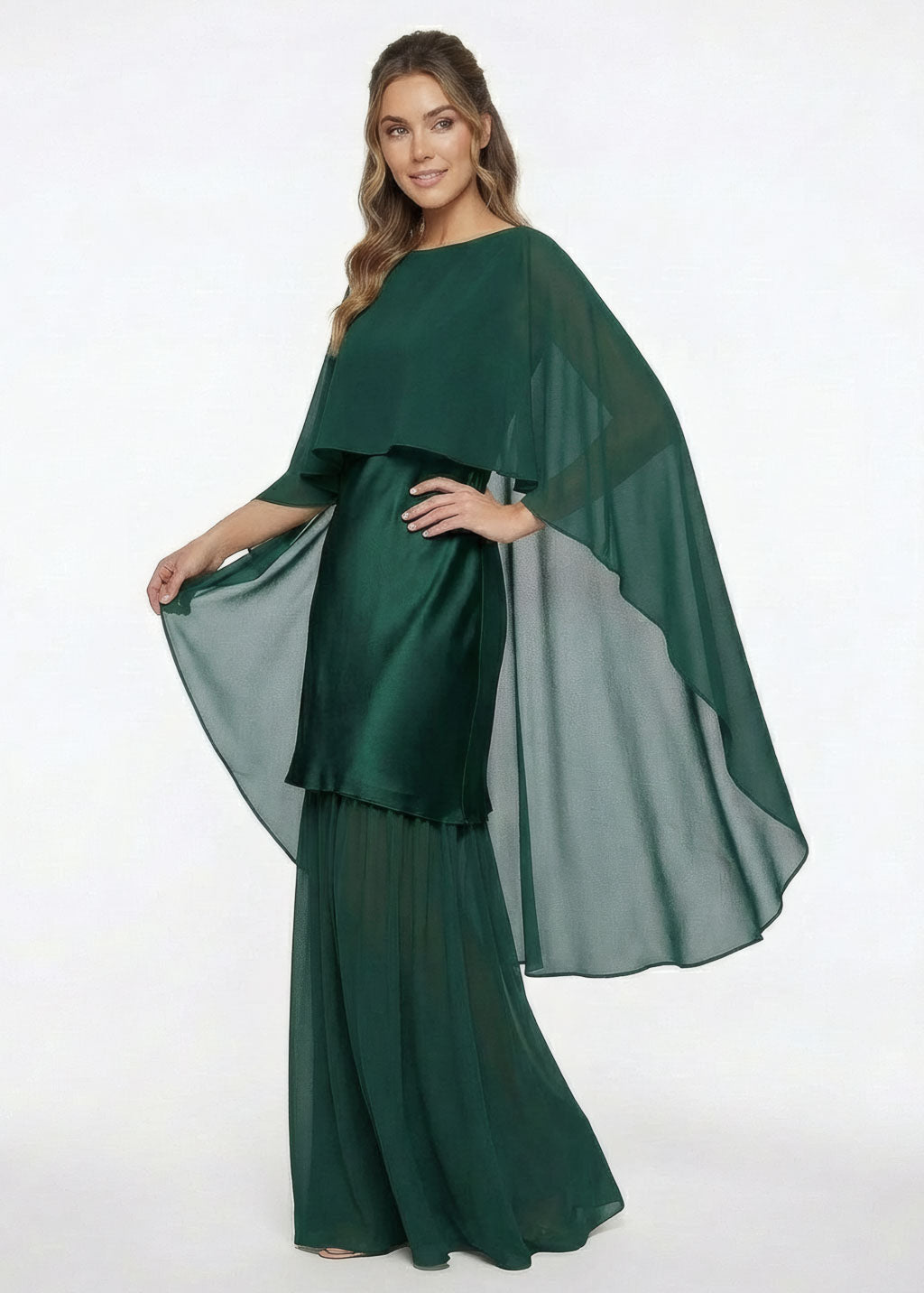 Dark Green Silk and Chiffon Dress with Cape