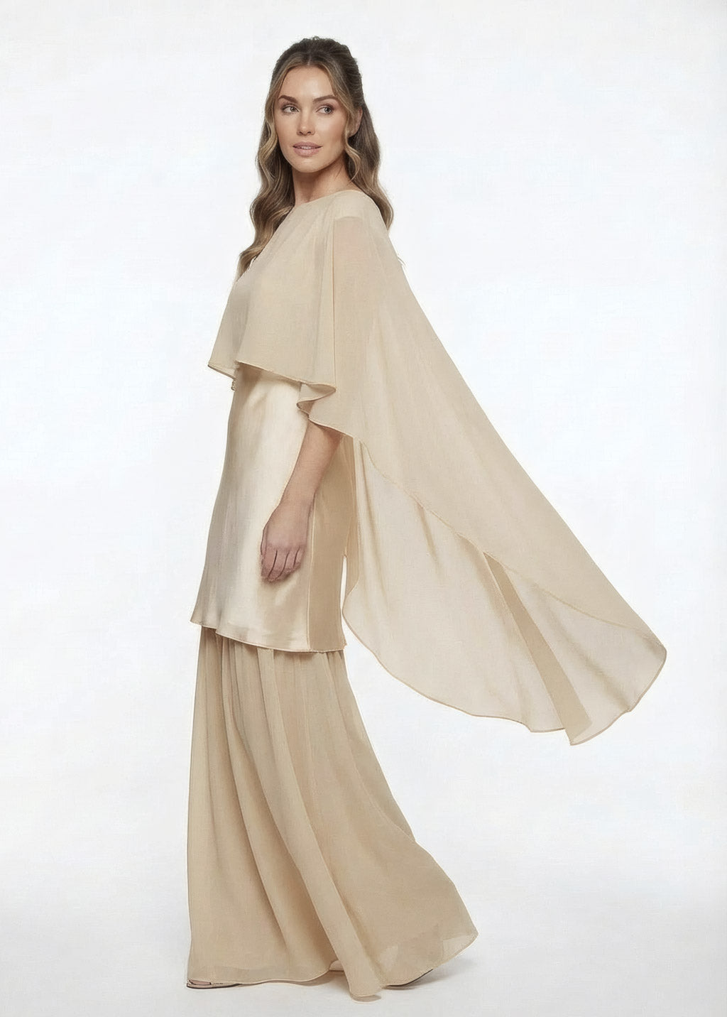 Champagne Gold Silk and Chiffon Dress with Cape